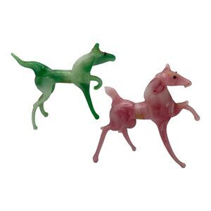 VTG 1960s Hand Blown Crystal Miniature Pink Green Swirl Horse Figurines 2” Pair